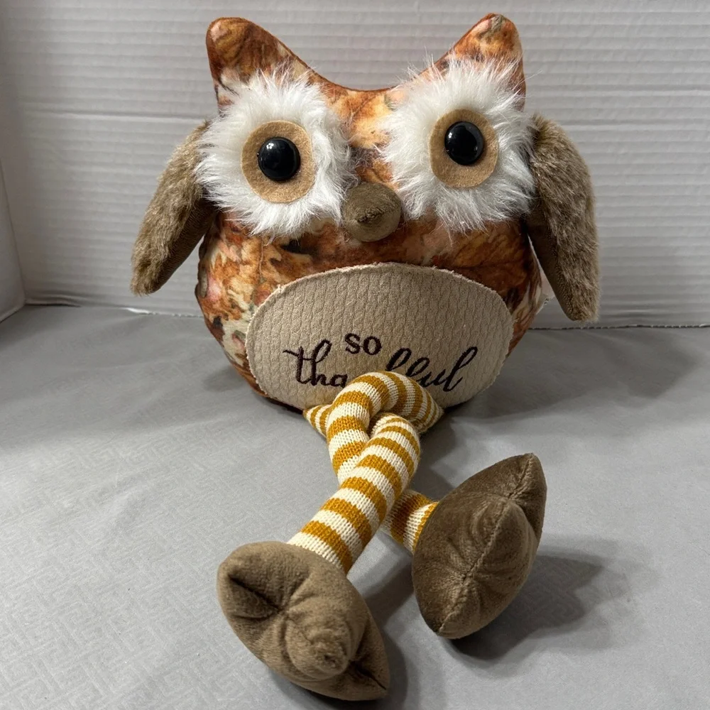 So Thankful Owl Plush Shelf Sitter with Striped Legs Big Eyes Furry Fall Colors